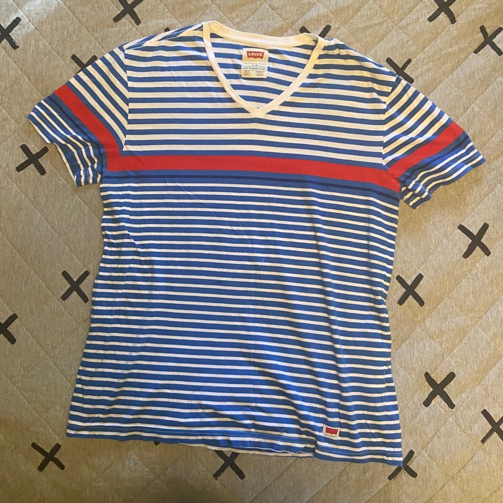 Levi's Striped V Neck Large Red White Blue